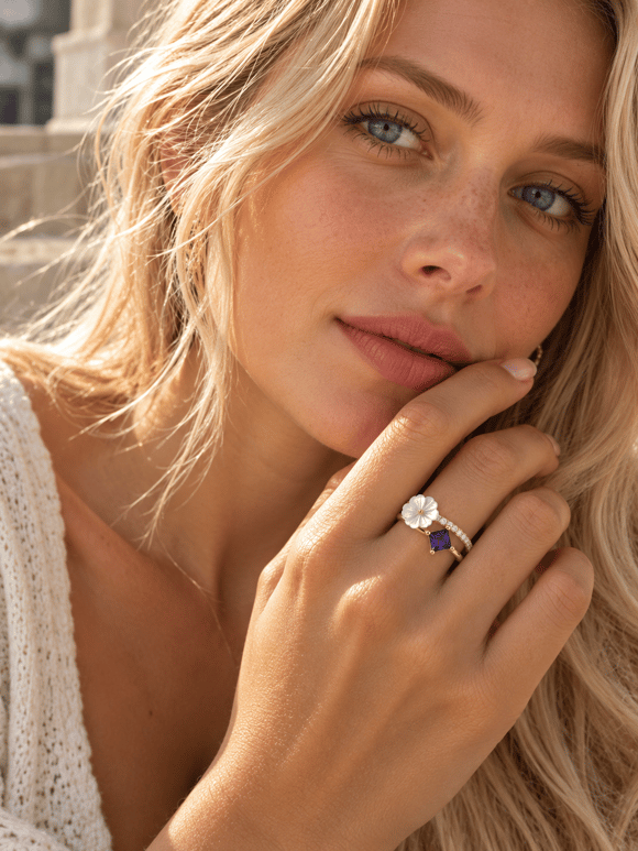 Retrobird Adjustable Vintage Ring with White Flower and Purple Stone Details