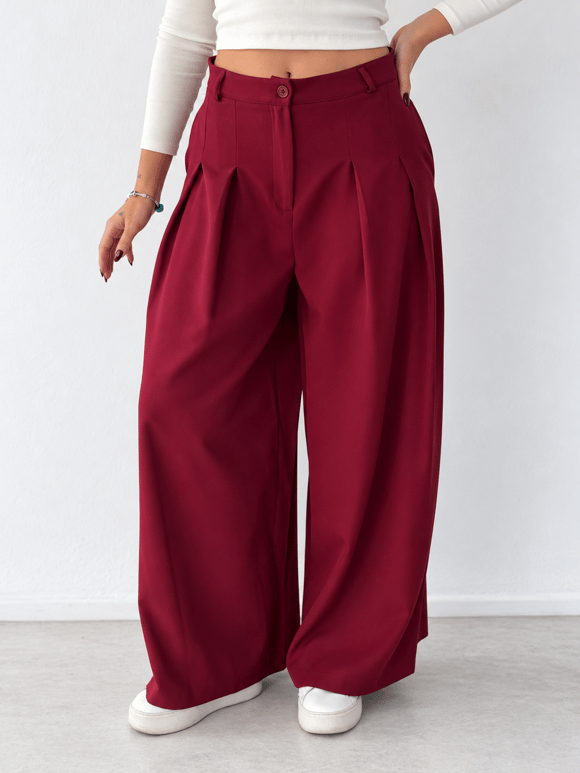 Retrobird Blair Yüksek Bel Pileli Cepli Bordo Palazzo Bol Paça Pantolon