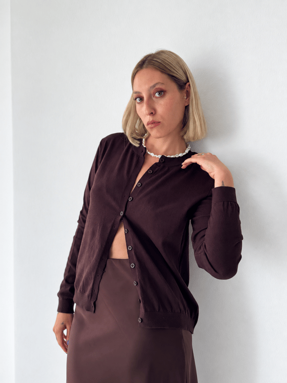Retrobird Thea Bisiklet Yaka Kahverengi Basic İnce Triko Hırka