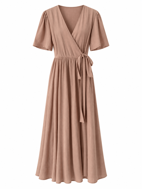 Retrobird Lady Belted Wrap Short Sleeve Nude Dress