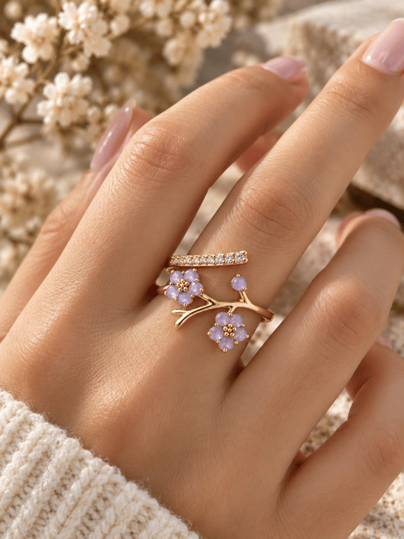 Retrobird Adjustable Purple Flower Branch Vintage Ring