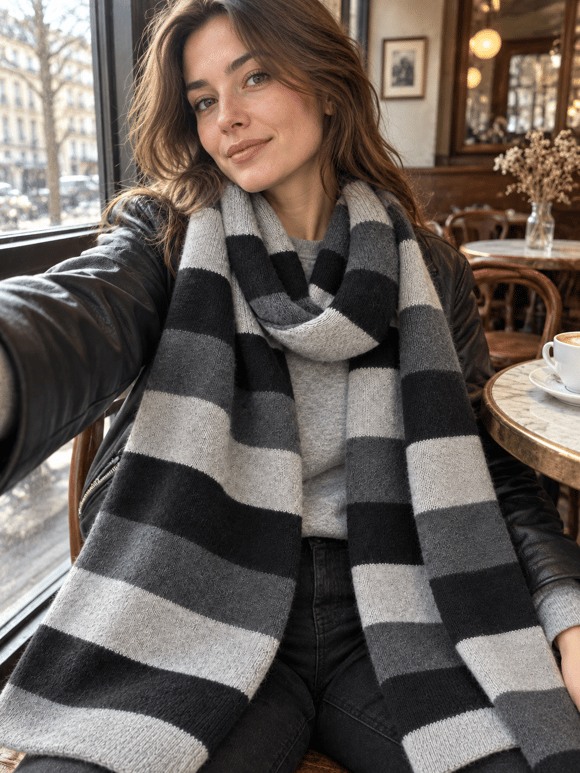 Retrobird Retro Çizgili Oversize Gri Unisex Triko Atkı
