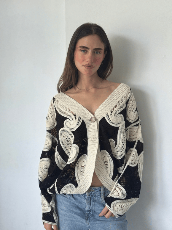 Retrobird Nell Shawl Motif Buttoned Cream - Black Crochet Cardigan