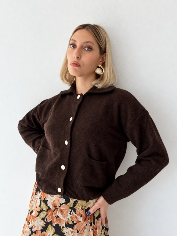 Retrobird Darcy Polo Yaka Cepli Kahverengi Triko Hırka
