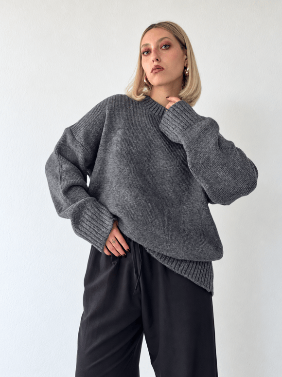 Retrobird Bess Oversize Bisiklet Yaka Koyu Gri Basic Triko Kazak
