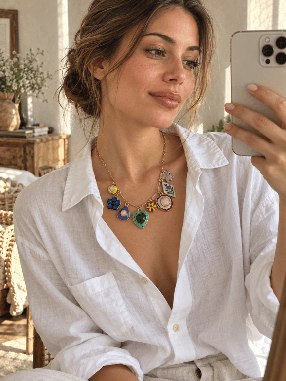 Retrobird Solana Renkli Figürlü Charm Detaylı Su Yeşili Kolye