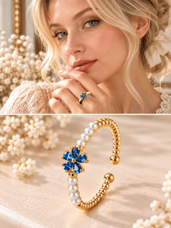 Retrobird Blue Flower Pearl Detailed Adjustable Vintage Ring
