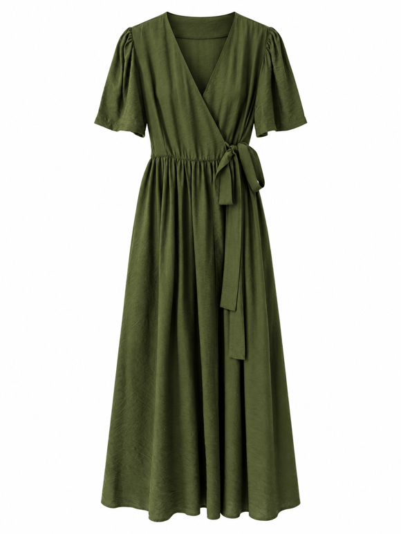 Retrobird Lady Belted Wrap Short Sleeve Green Dress