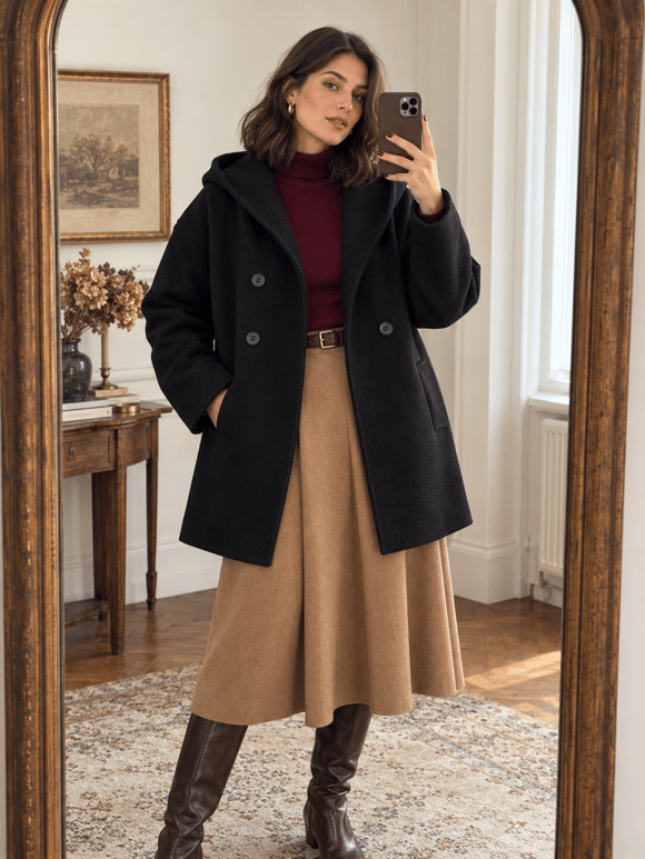Retrobird Urban Retro Kapüşonlu Oversize Dokulu Kömür Renkli Kışlık Ceket Kaban