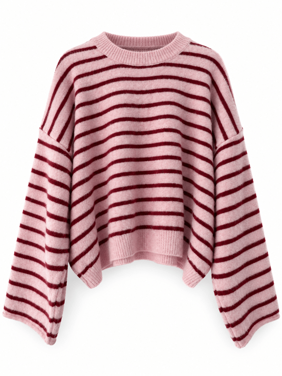 Retrobird Livia Oversize Çizgili Kırmızı - Pembe Triko Kazak