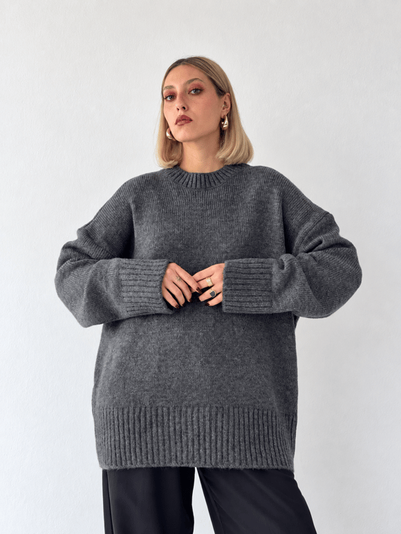 Retrobird Bess Oversize Bisiklet Yaka Koyu Gri Basic Triko Kazak