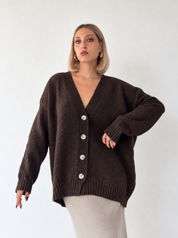 Retrobird Doris Oversize V Yaka Düğmeli Kahverengi Triko Hırka