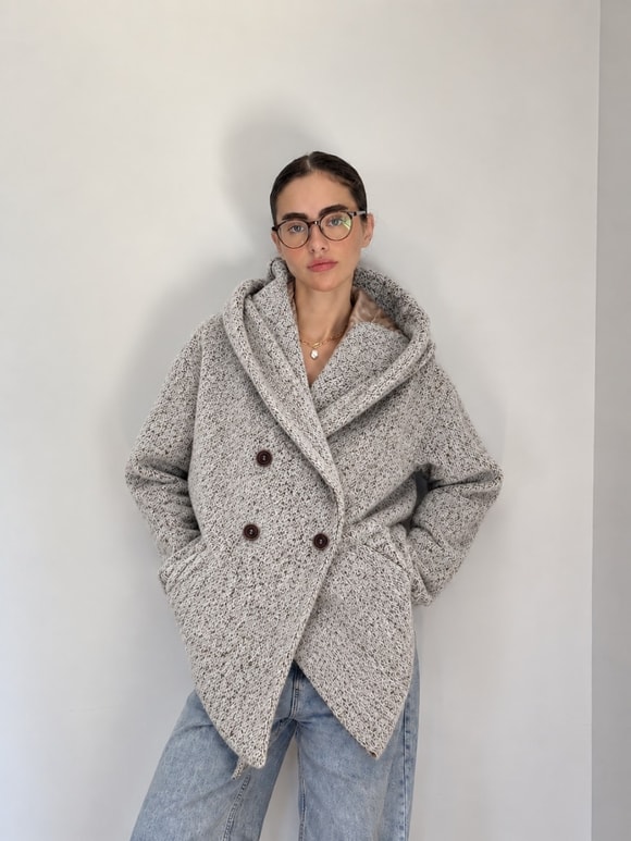 Retrobird Urban Retro Kapüşonlu Oversize Kırçıllı Krem Ceket Kaban