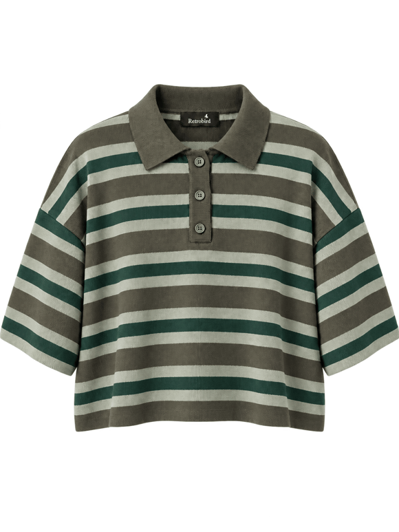 Retrobird Atelier Kısa Oversize Polo Yaka Yeşil Çizgili Triko Kazak
