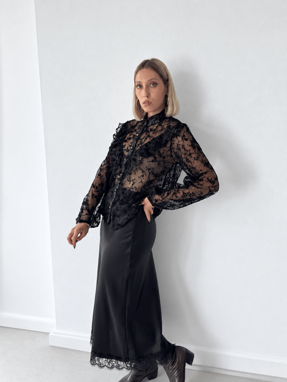 Retrobird Sylvie Dantel Detaylı Saten Siyah Midi Etek