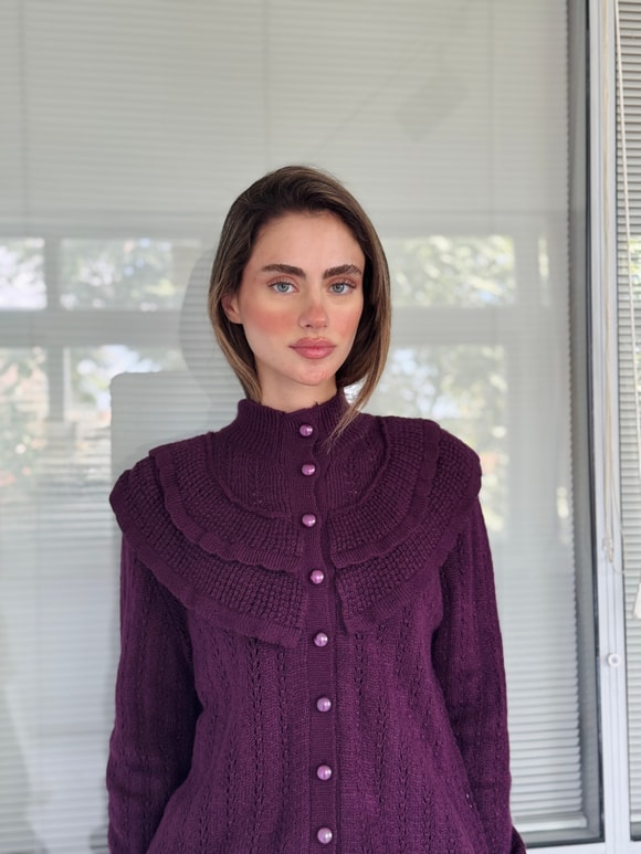 Retrobird Maisie Fırfır Detaylı İnci Düğmeli Mürdüm Rengi Triko Hırka