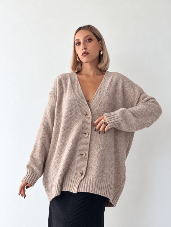 Retrobird Doris Oversize V Yaka Düğmeli Bej Triko Hırka