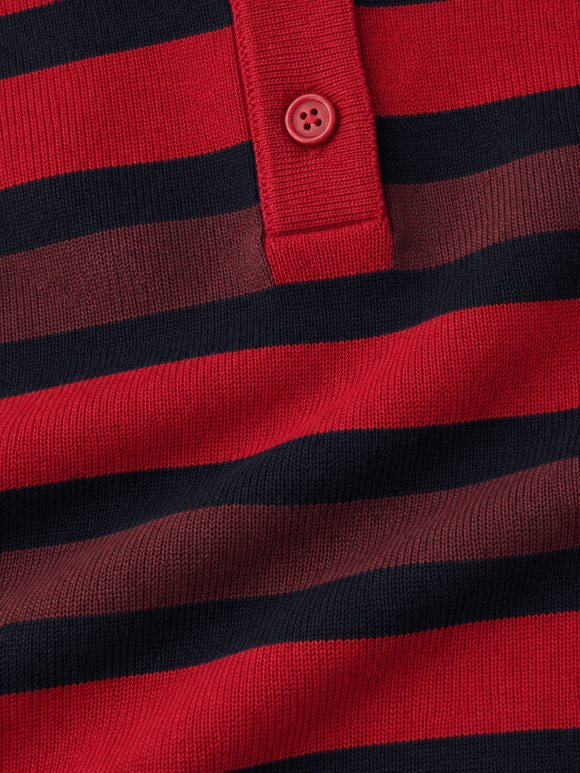 Retrobird Atelier Kısa Oversize Polo Yaka Kırmızı - Lacivert Çizgili Triko Kazak