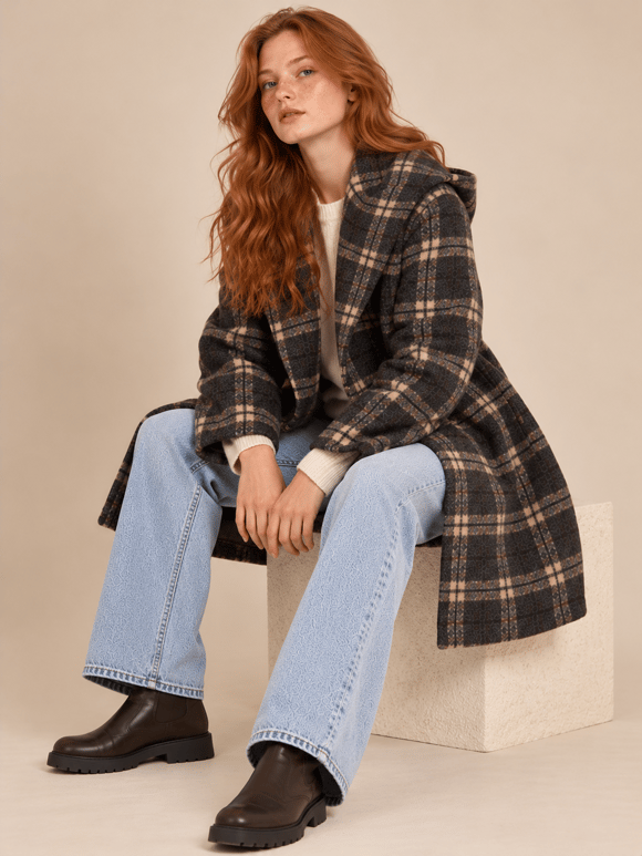 Retrobird Urban Retro Kahve Bej Ekose Kapüşonlu Oversize Ceket Kaban