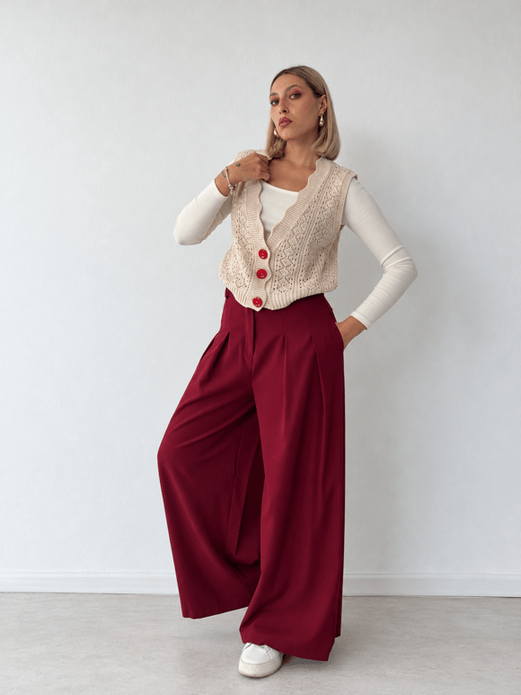 Retrobird Blair Yüksek Bel Pileli Cepli Bordo Palazzo Bol Paça Pantolon