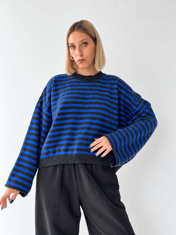 Retrobird Livia Oversize Siyah Çizgili Saks Mavi Triko Kazak