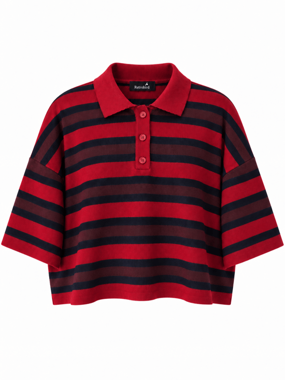 Retrobird Atelier Kısa Oversize Polo Yaka Kırmızı - Lacivert Çizgili Triko Kazak
