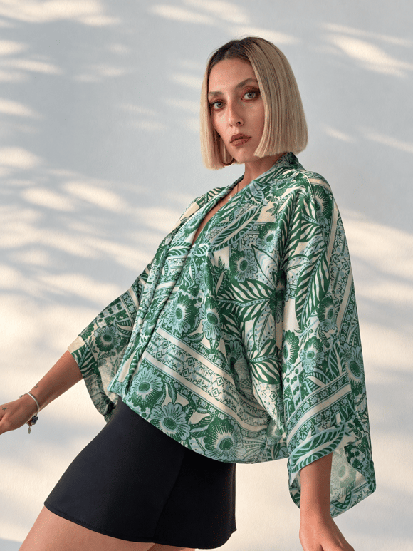 Retrobird Tasarım Su Yeşili Boho Mini Kimono