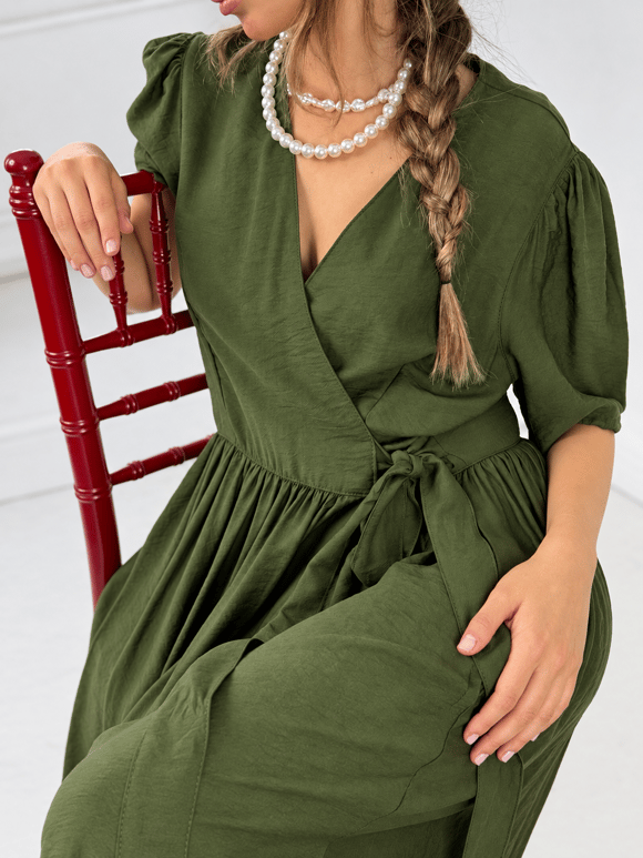 Retrobird Lady Belted Wrap Short Sleeve Green Dress