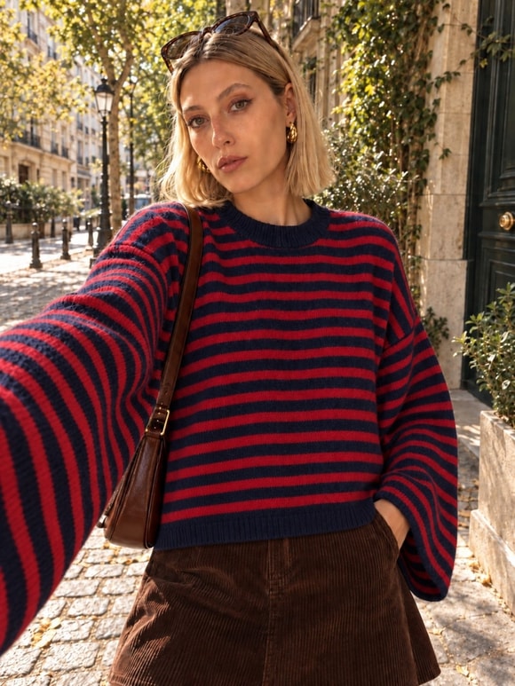 Retrobird Livia Oversize Çizgili Kırmızı - Lacivert Triko Kazak