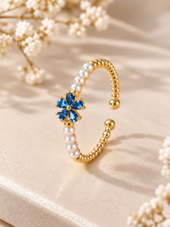 Retrobird Blue Flower Pearl Detailed Adjustable Vintage Ring