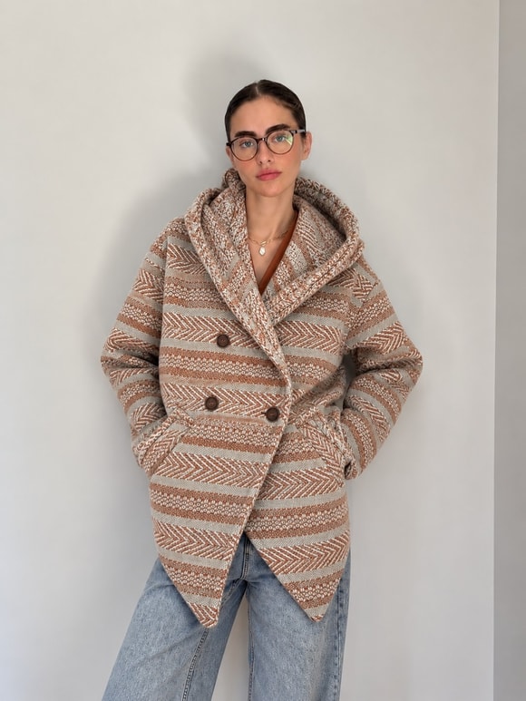 Retrobird Urban Retro Kapüşonlu Oversize Krem - Somon Ceket Kaban