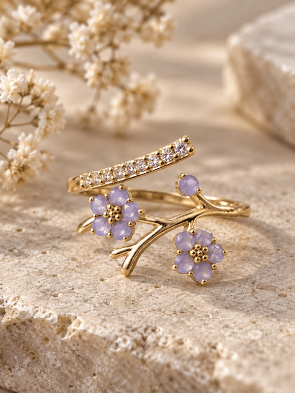 Retrobird Adjustable Purple Flower Branch Vintage Ring
