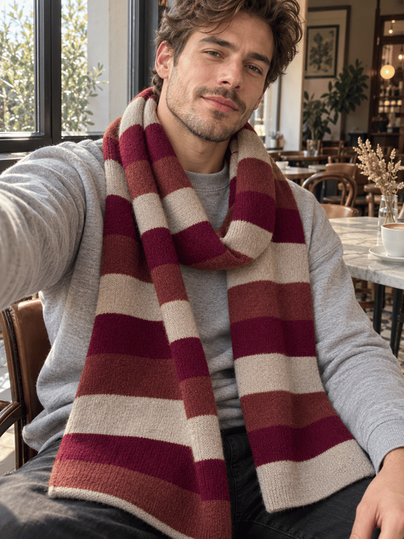 Retrobird Retro Çizgili Oversize Bordo Unisex Triko Atkı