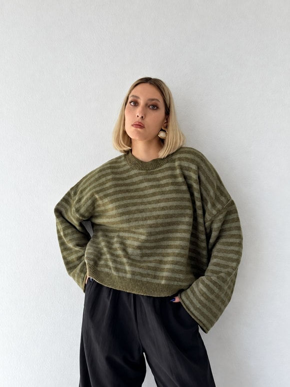 Retrobird Livia Oversize Çizgili Yeşil Triko Kazak