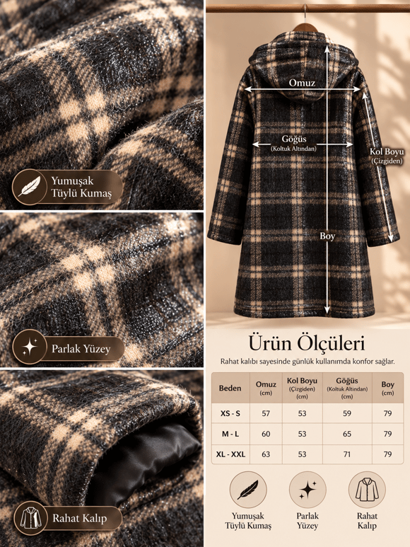 Retrobird Urban Retro Kahve Bej Ekose Kapüşonlu Oversize Ceket Kaban