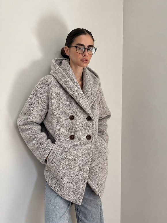 Retrobird Urban Retro Kapüşonlu Oversize Kırçıllı Krem Ceket Kaban
