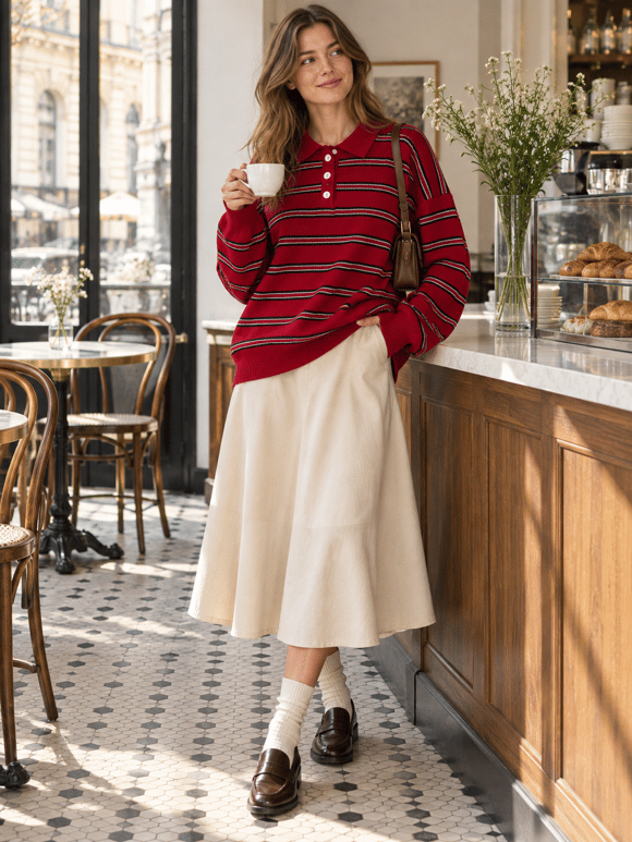 Retrobird Sadie Çizgili Oversize Polo Yaka Kırmızı Triko Kazak