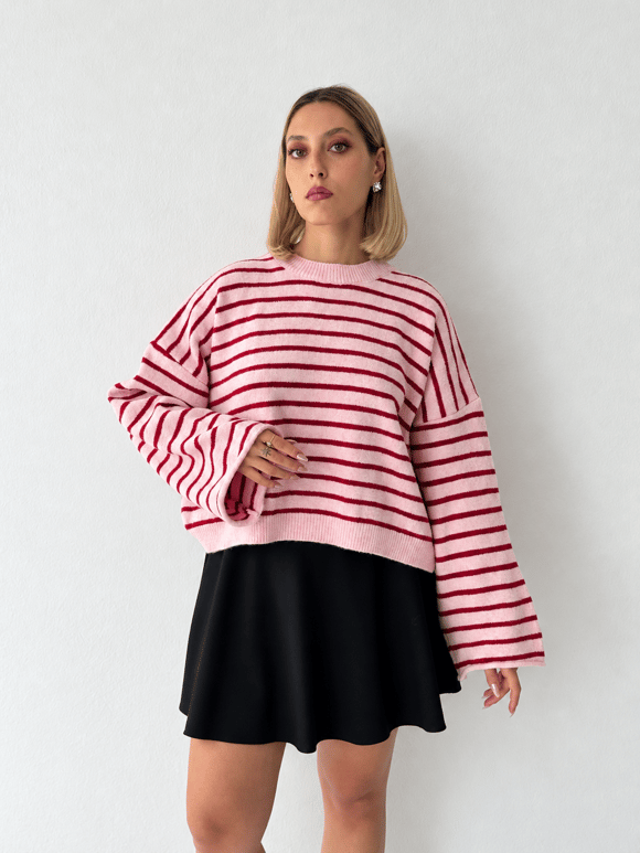 Retrobird Livia Oversize Çizgili Kırmızı - Pembe Triko Kazak