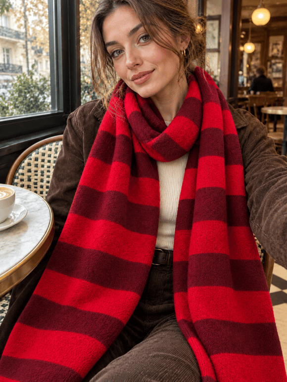 Retrobird Retro Çizgili Oversize Kırmızı Unisex Triko Atkı