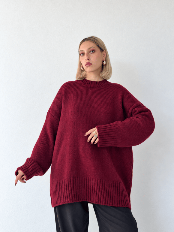 Retrobird Bess Oversize Bisiklet Yaka Bordo Basic Triko Kazak