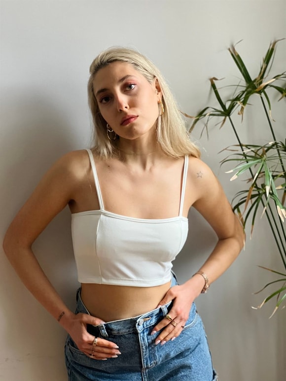 Retrobird Ekru Renkli Likralı Kadın Crop Üst