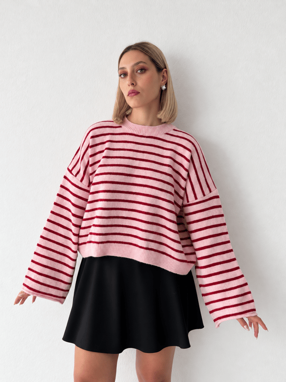 Retrobird Livia Oversize Çizgili Kırmızı - Pembe Triko Kazak