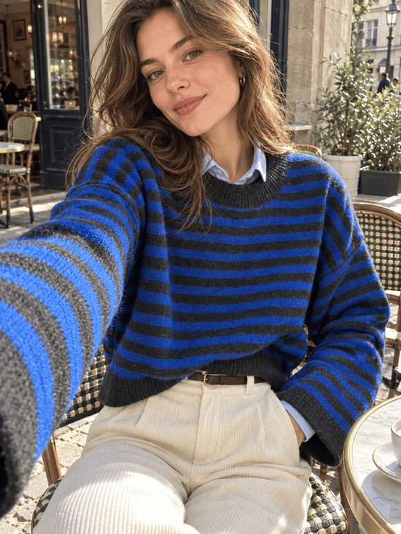 Retrobird Livia Oversize Siyah Çizgili Saks Mavi Triko Kazak