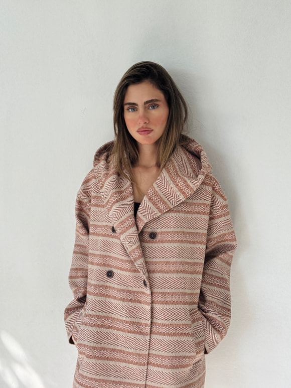 Retrobird Urban Retro Kapüşonlu Oversize Krem - Somon Ceket Kaban