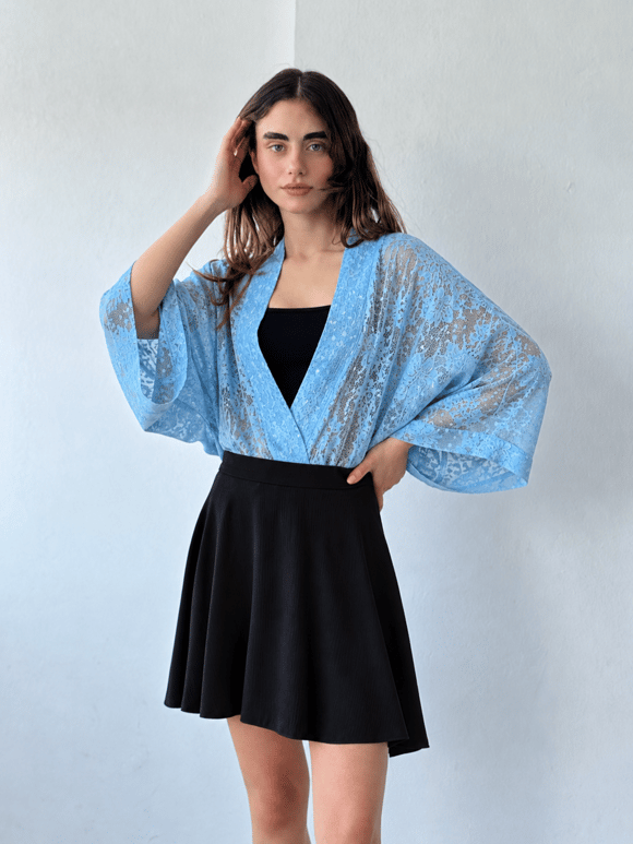 Retrobird Tasarım Transparan Dantel Marin Mavi Boho Mini Kimono