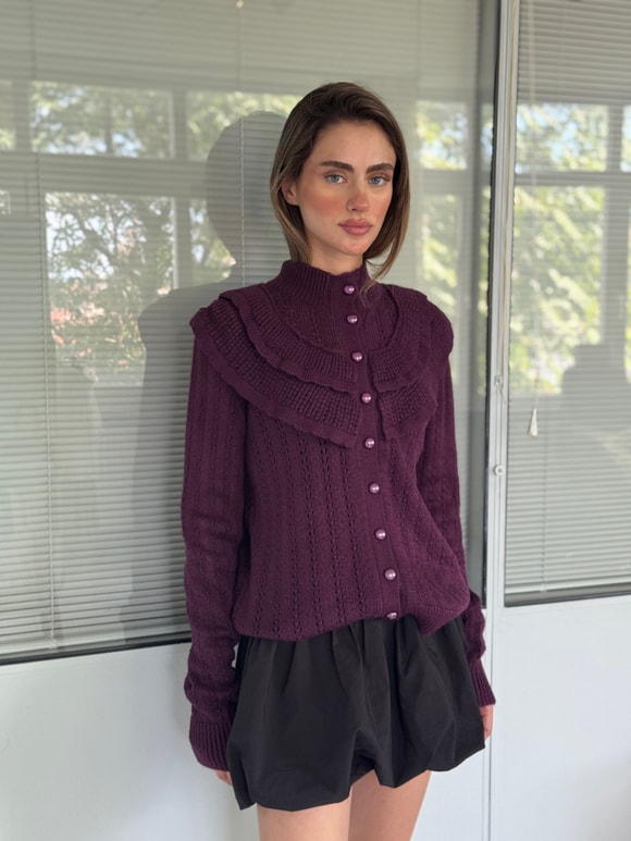 Retrobird Maisie Fırfır Detaylı İnci Düğmeli Mürdüm Rengi Triko Hırka