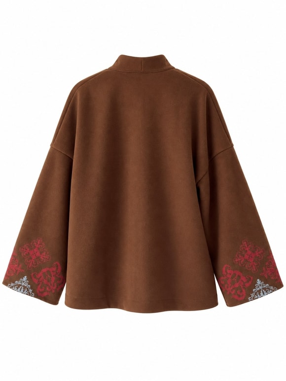 Retrobird Runa Etnik Nakışlı Oversize Kahverengi Kaşe Ceket