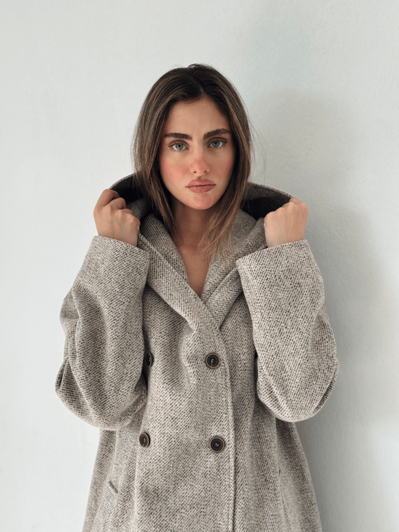 Retrobird Urban Retro Kapüşonlu Oversize Kırçıllı Krem Ceket Kaban