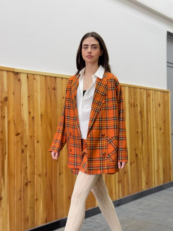 Retrobird 90lar Retro Model Açık Kiremit Ekoseli Oversize Tasarım Açık Kiremit Ekose Ceket