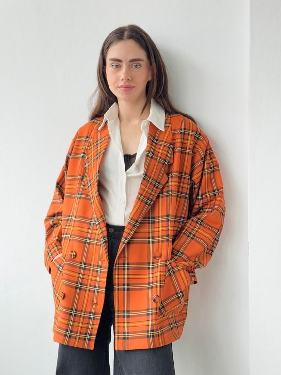 Retrobird 90lar Retro Model Açık Kiremit Ekoseli Oversize Tasarım Açık Kiremit Ekose Ceket
